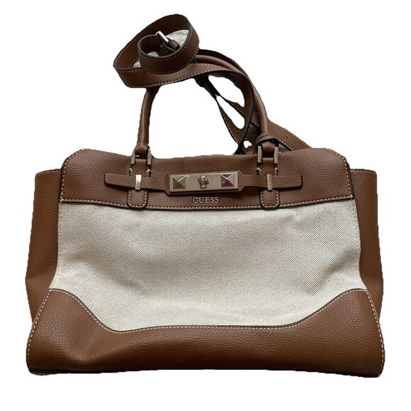 GUESS Raffie Carryall Purse Shoulder Strap Zip Pockets Brown Tan Camel Tote Bag - Picture 1 of 10